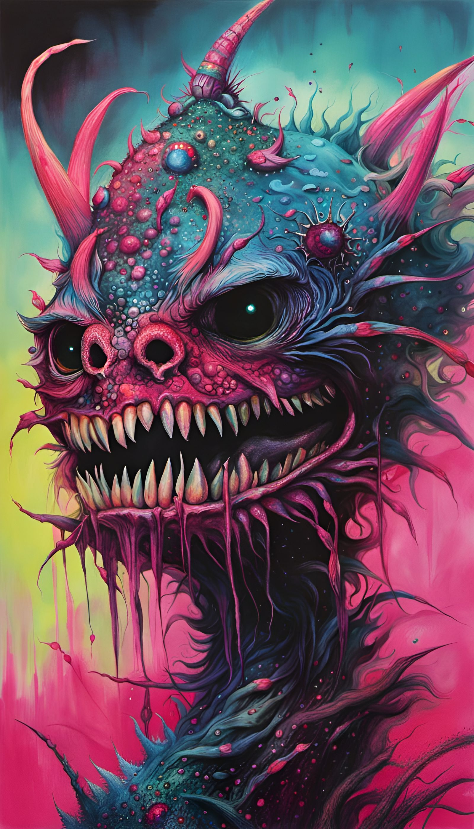 Creepy Bioluminescent Monster in Mixed Media Illustration