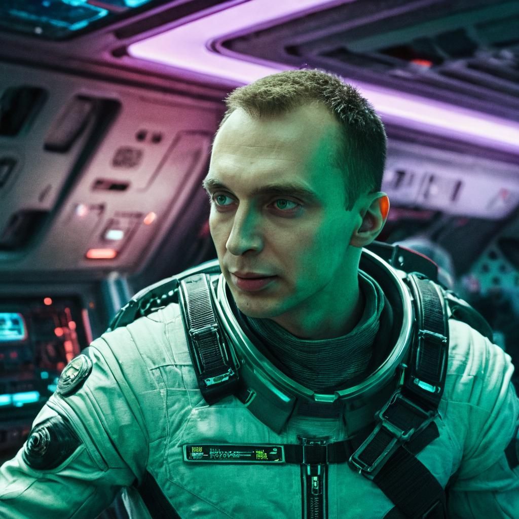 Spaceship Captain in Neon Lit Spacecraft Interior