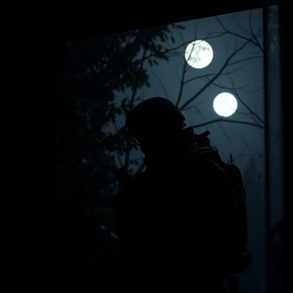 Soldier Hides in Shadows Outside Moonlit Window