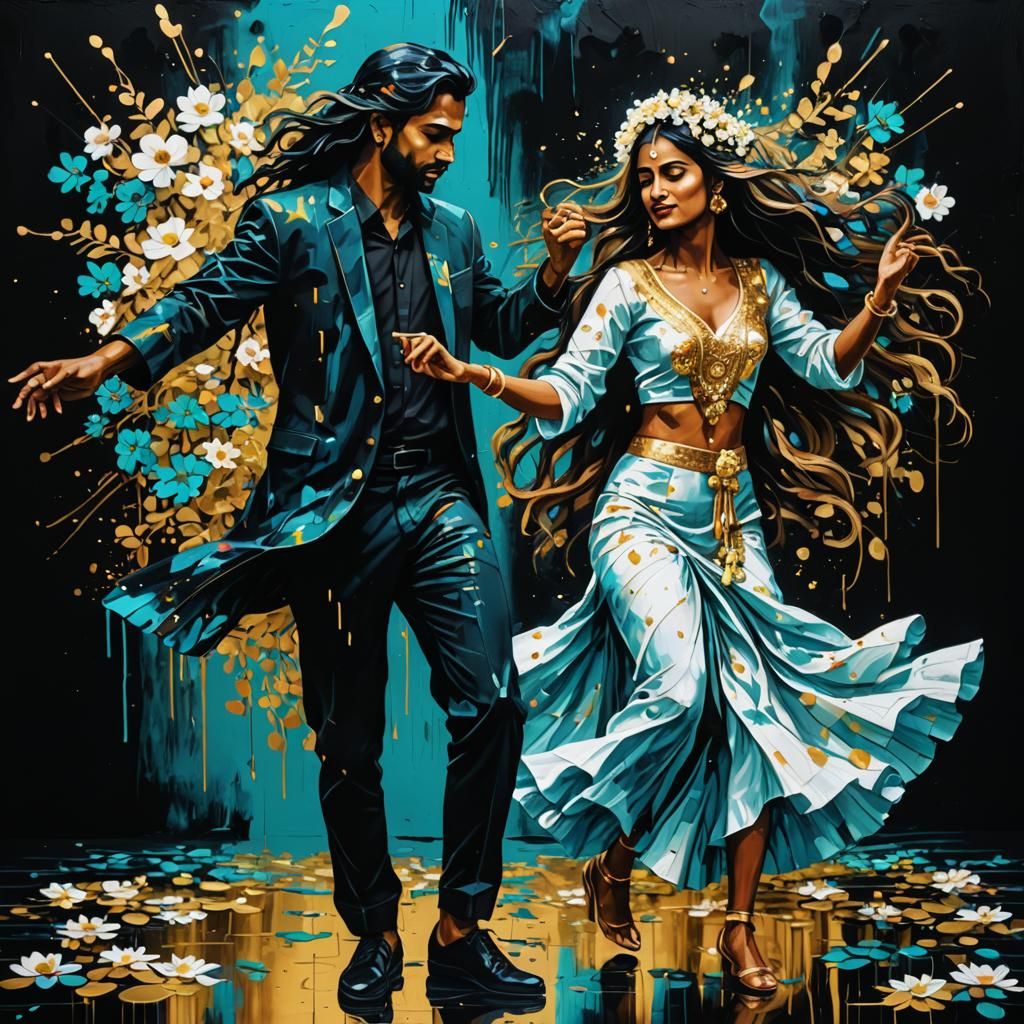Glitchcore painting of an Indian couple dancing
