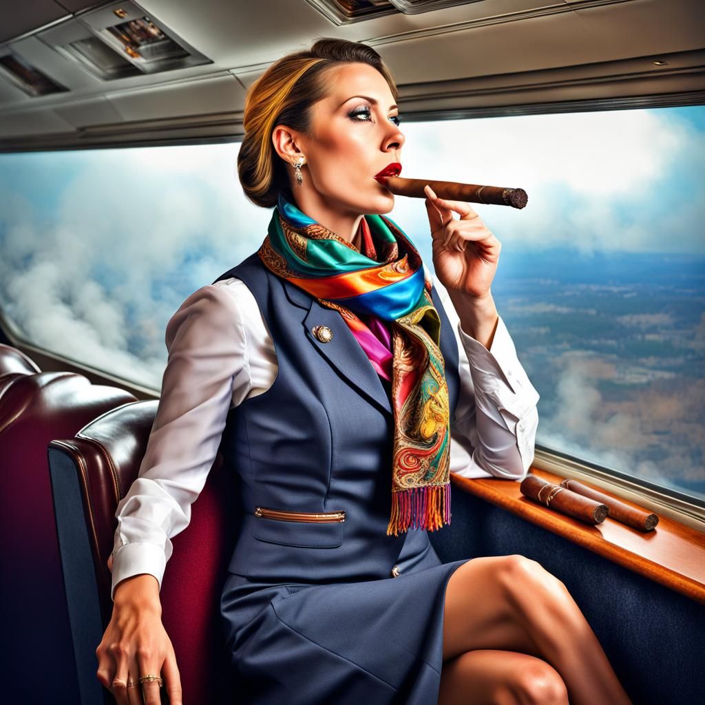 Female Flight Attendant Smoking Cigar, Hyperrealistic HDR