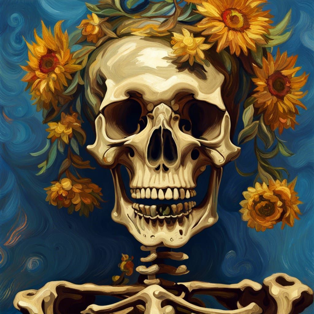 Skull with Sunflower Crown in Impressionist Style