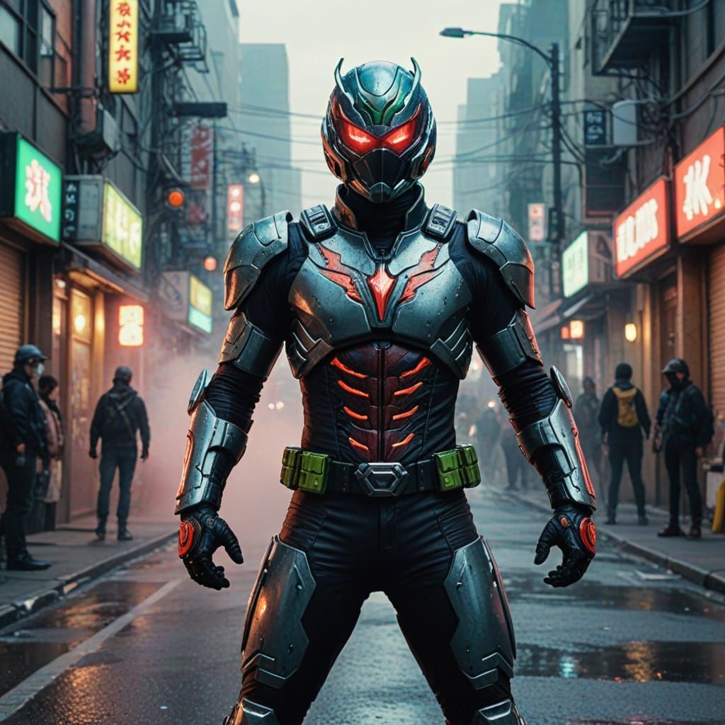 Kamen Rider in Tokusatsu Style with Neon Lighting