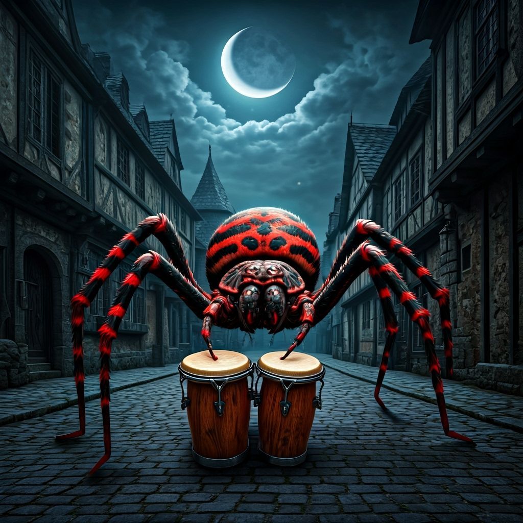 Grotesque Spider Plays Drums in Art Nouveau Village Square