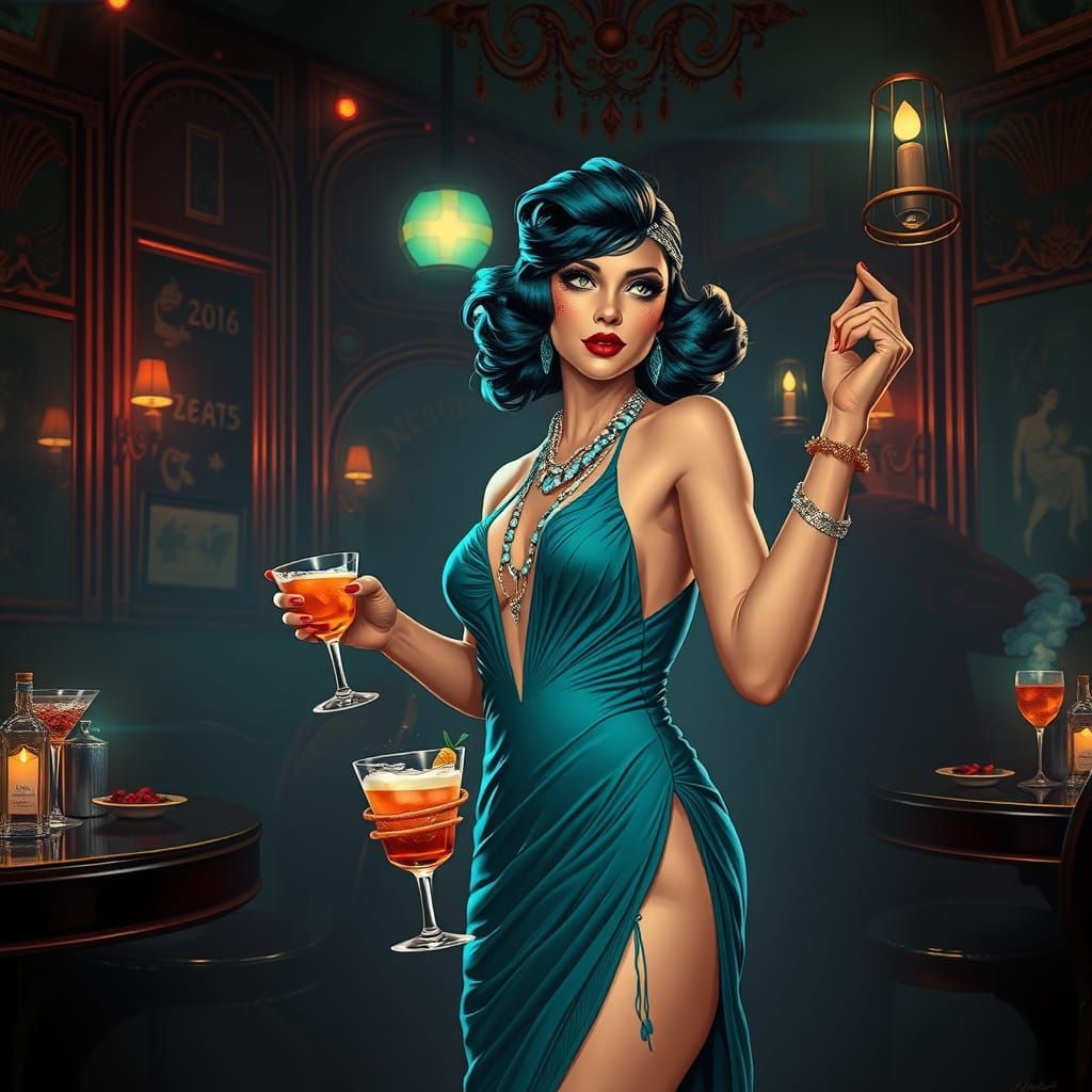 Flapper in Speakeasy with Holographic Art Deco