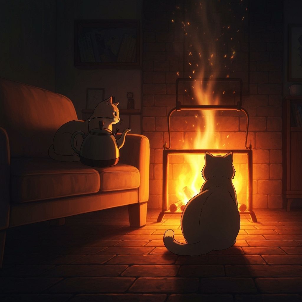 Cozy Cat and Boiling Teapot in Anime Style