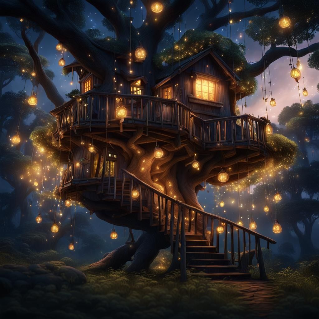 Enchanted Treehouse at Night: A Matte Painting