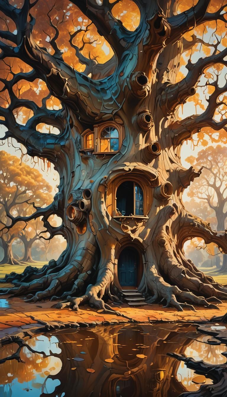 Cozy House Inside Oak Tree, Surreal Oil Painting