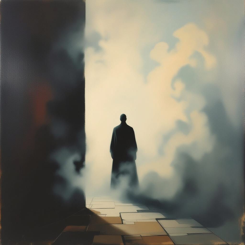 Eerie Figure at Threshold in Surreal Abstract Style