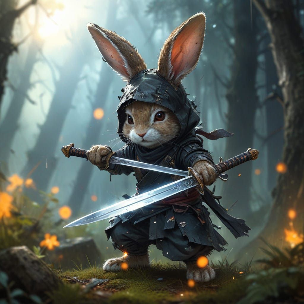 Vibrant Watercolor Ninja Rabbit in Dramatic Forest Landscape