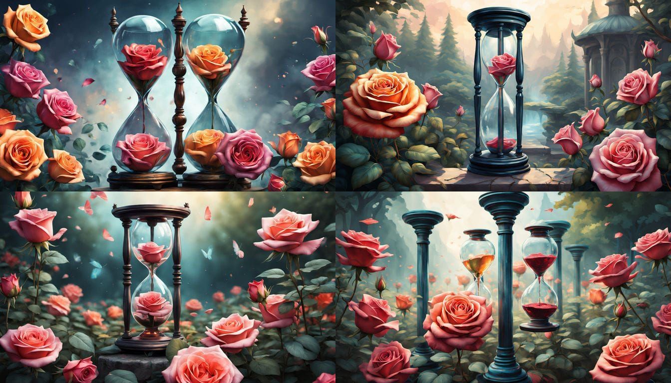 hourglass overlay of a rose garden