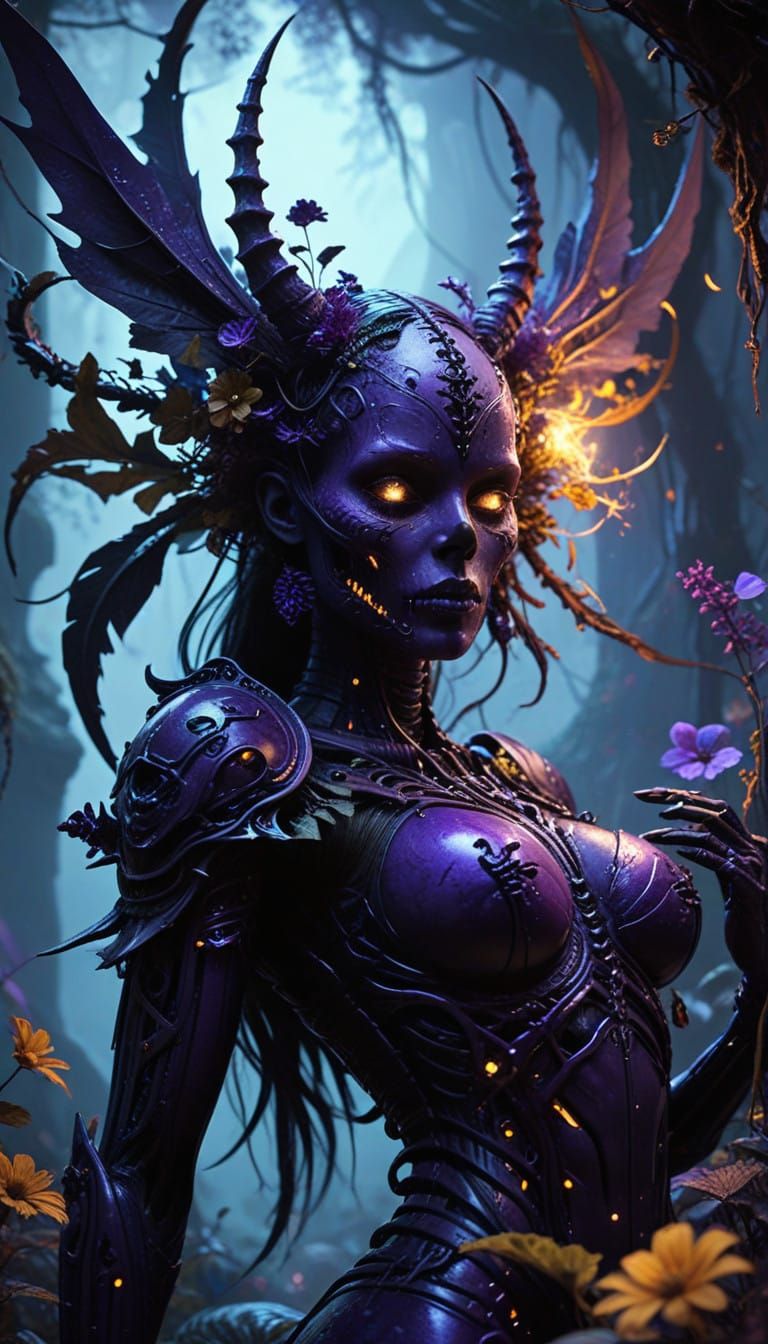 Ethereal Macabre Goddess in Dark Fantasy Landscape