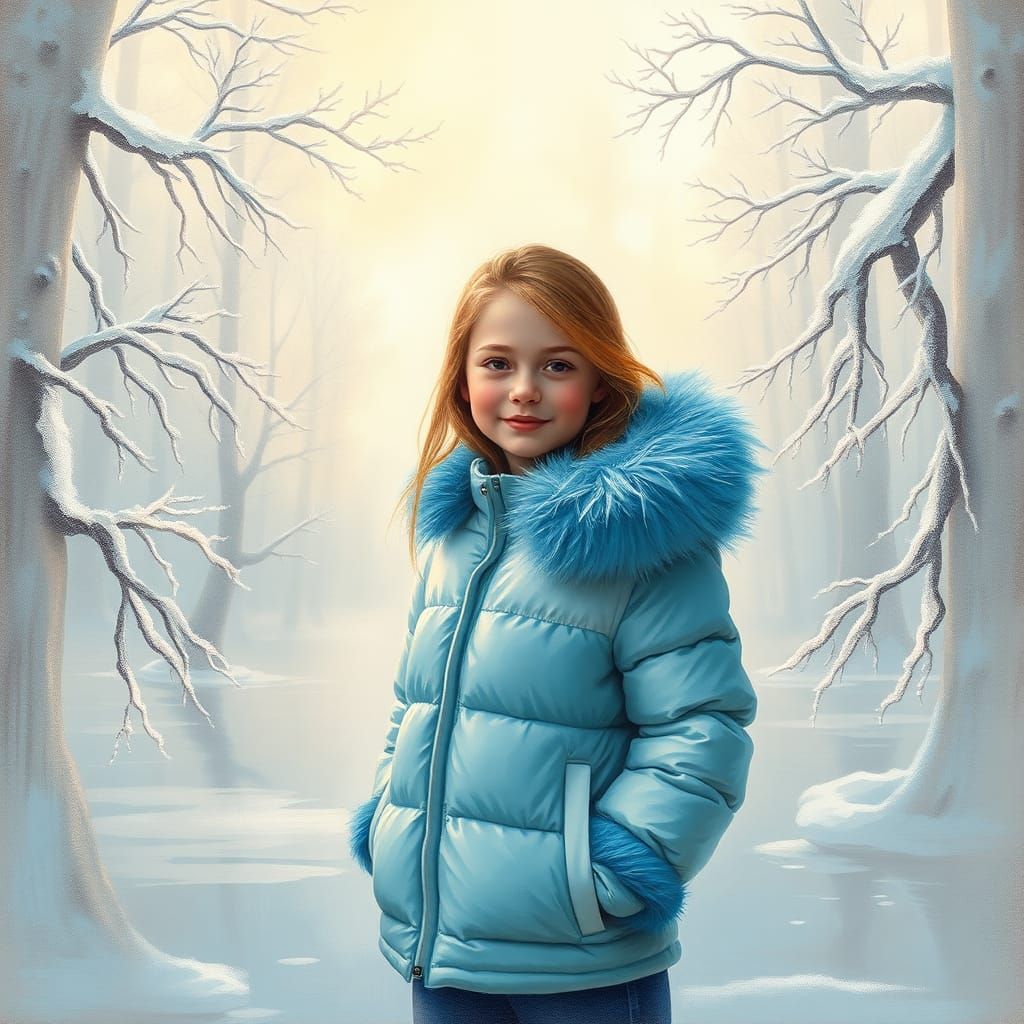 Girl in Blue Jacket on Frozen Lake as Impasto