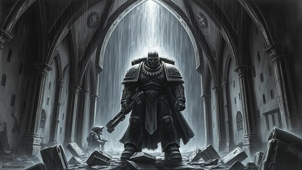 Heroic Space Marine in Gothic Chapel: Charcoal Art