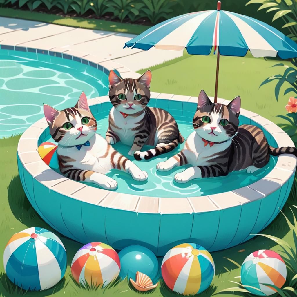 Cats Lounging by Pool Illustration
