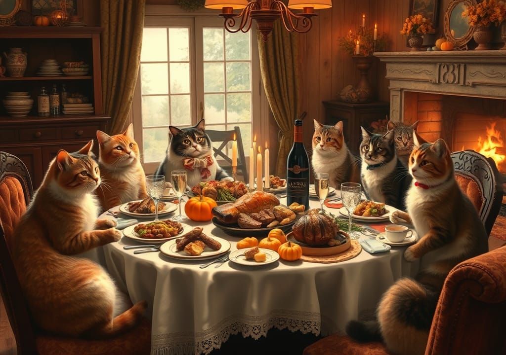 Festive Autumn Feast with Cats in Rockwell Style
