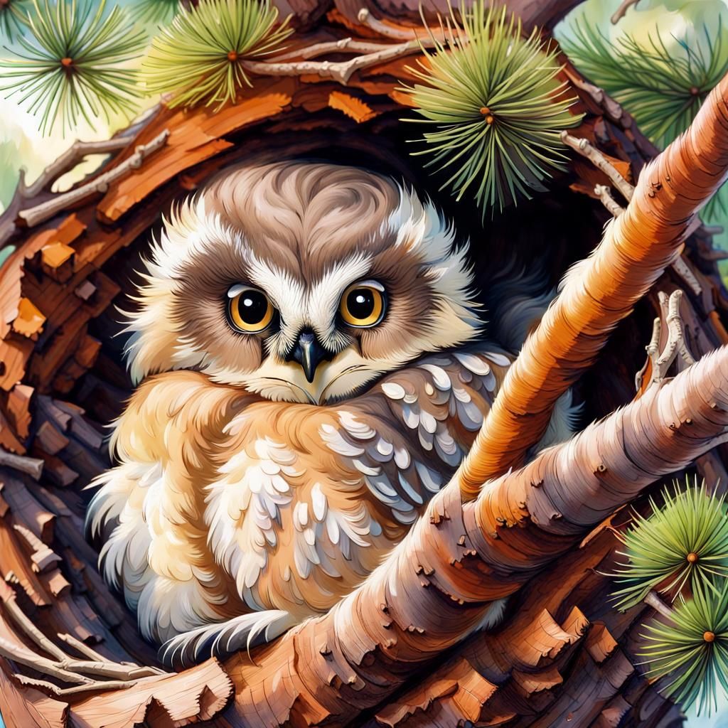 Adorable Baby Owl in Pine Tree Nest