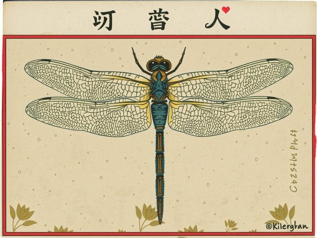 Indigo Dragonfly in Sunlight: Watercolor, Gouache, Retro Com...