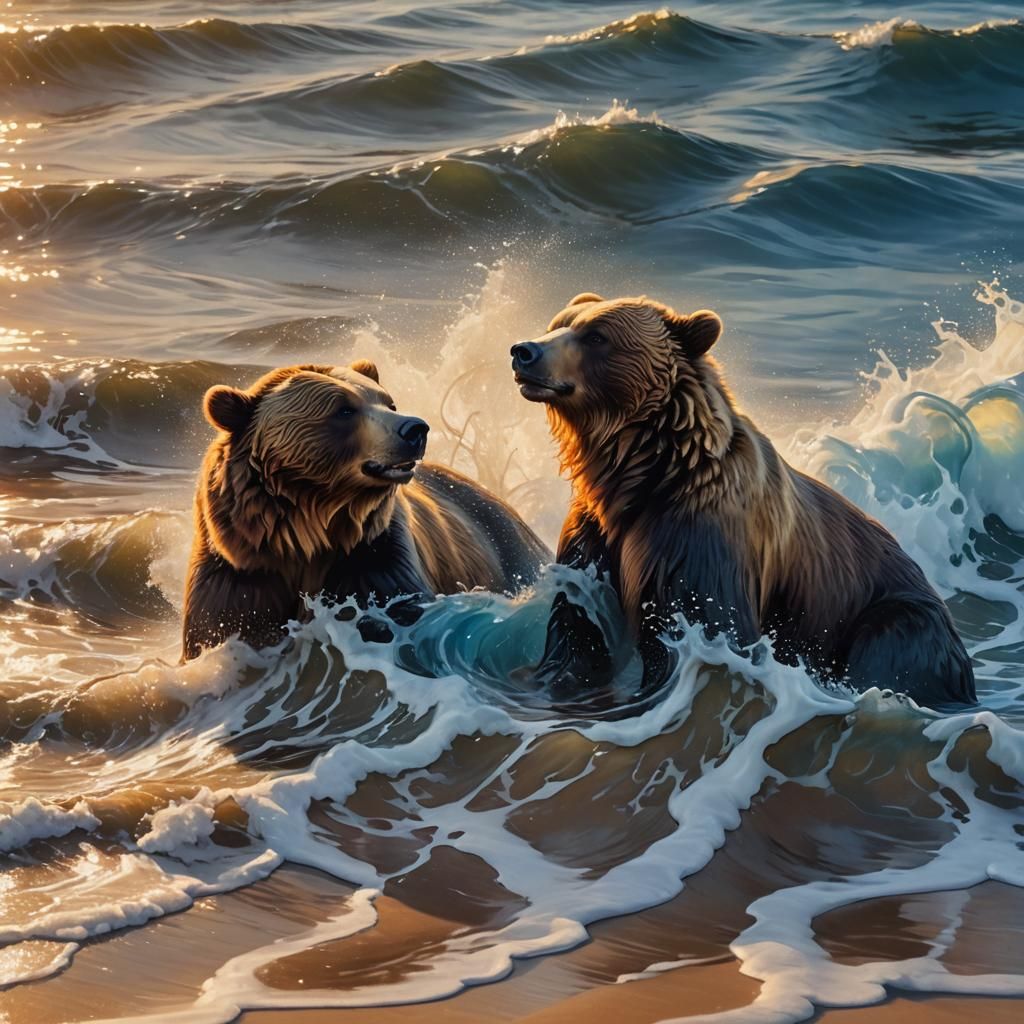 Bears Grooming at Sunset: Hyper-Realistic Digital Painting