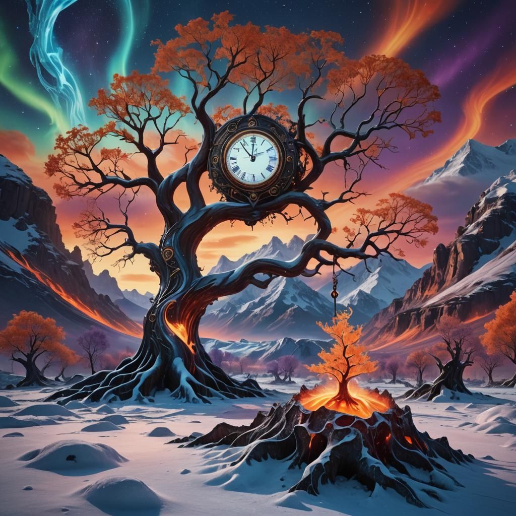Magical Tree with Clockwork Heart: A Surreal Landscape