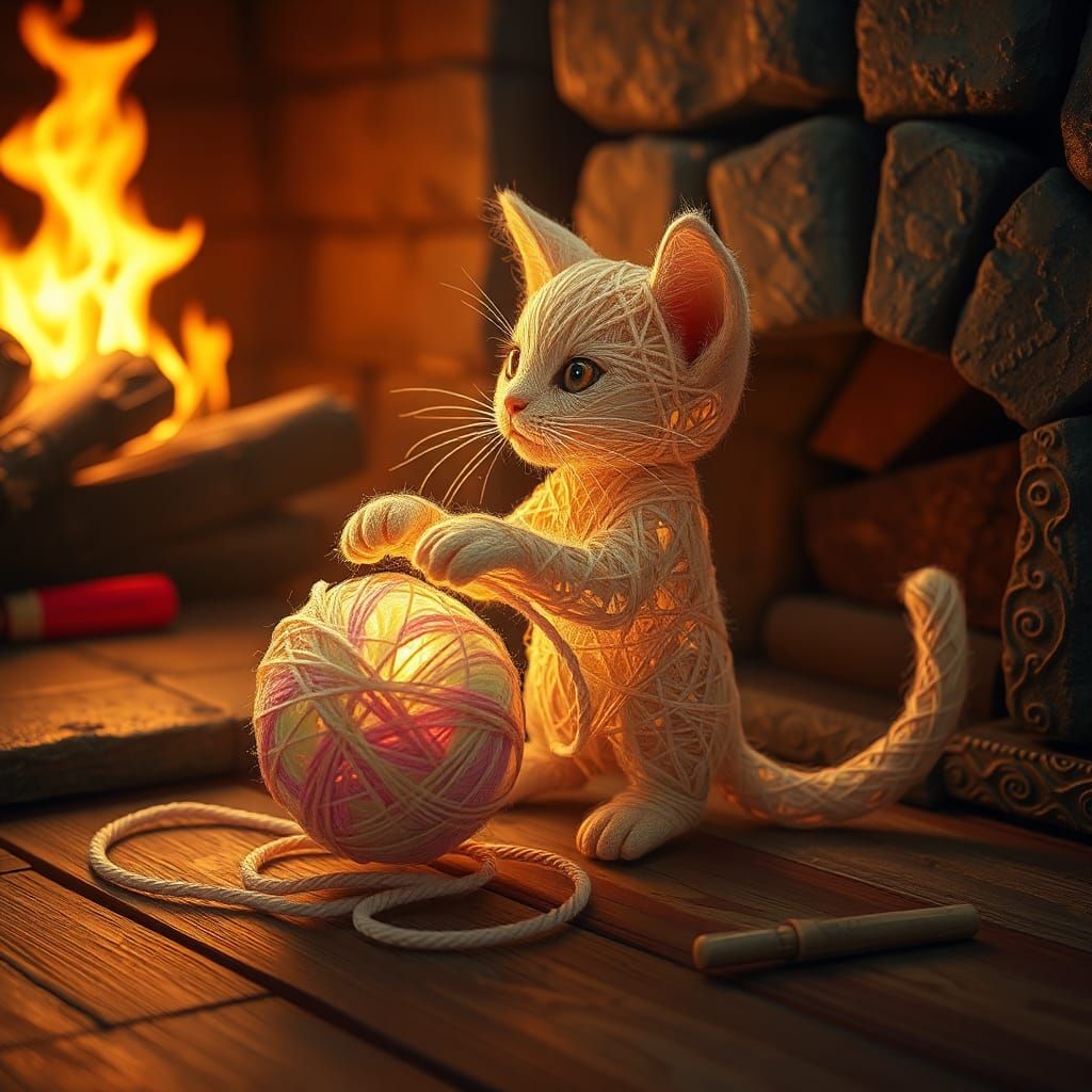 String Kitten Playing with Yarn Ball as Matte Painting