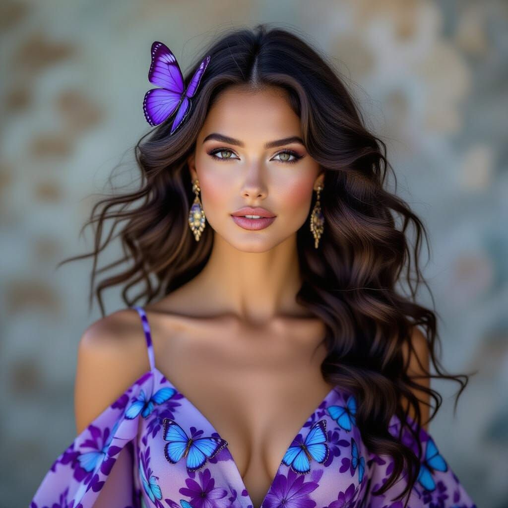 photo-realistic image of an elegant woman With her long dark...