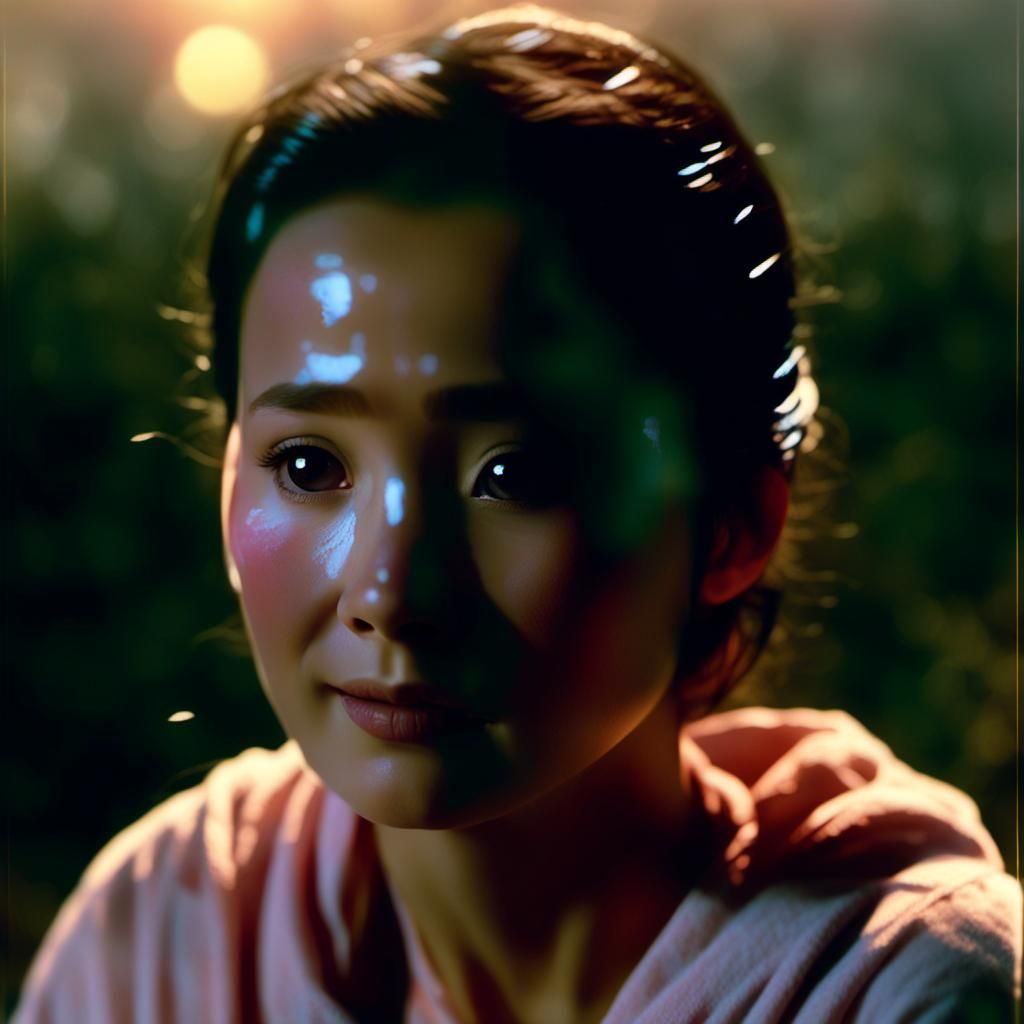 Tearful Smile in Misty Light: Cinematic Film Still