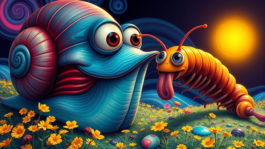 Vibrant Snail Smiles at Colorful Millipede in Whimsical Wond...
