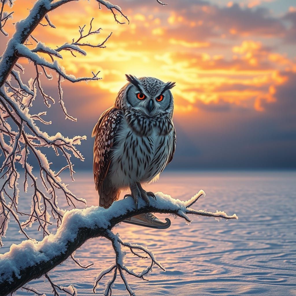 Mystical Owl on Frosty Branch, Equipped for Icy Skating