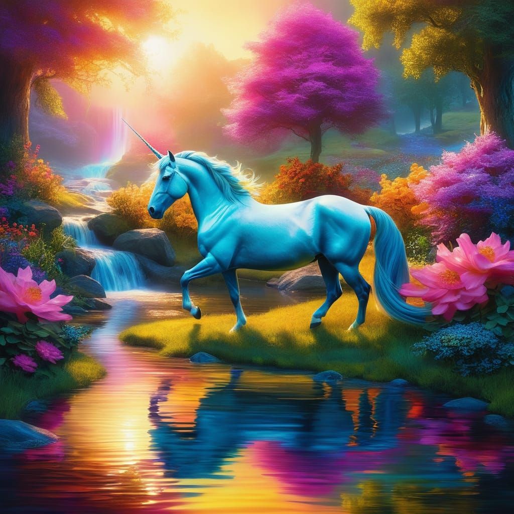 Princess and Unicorn with Dragon Wings in Surreal Garden