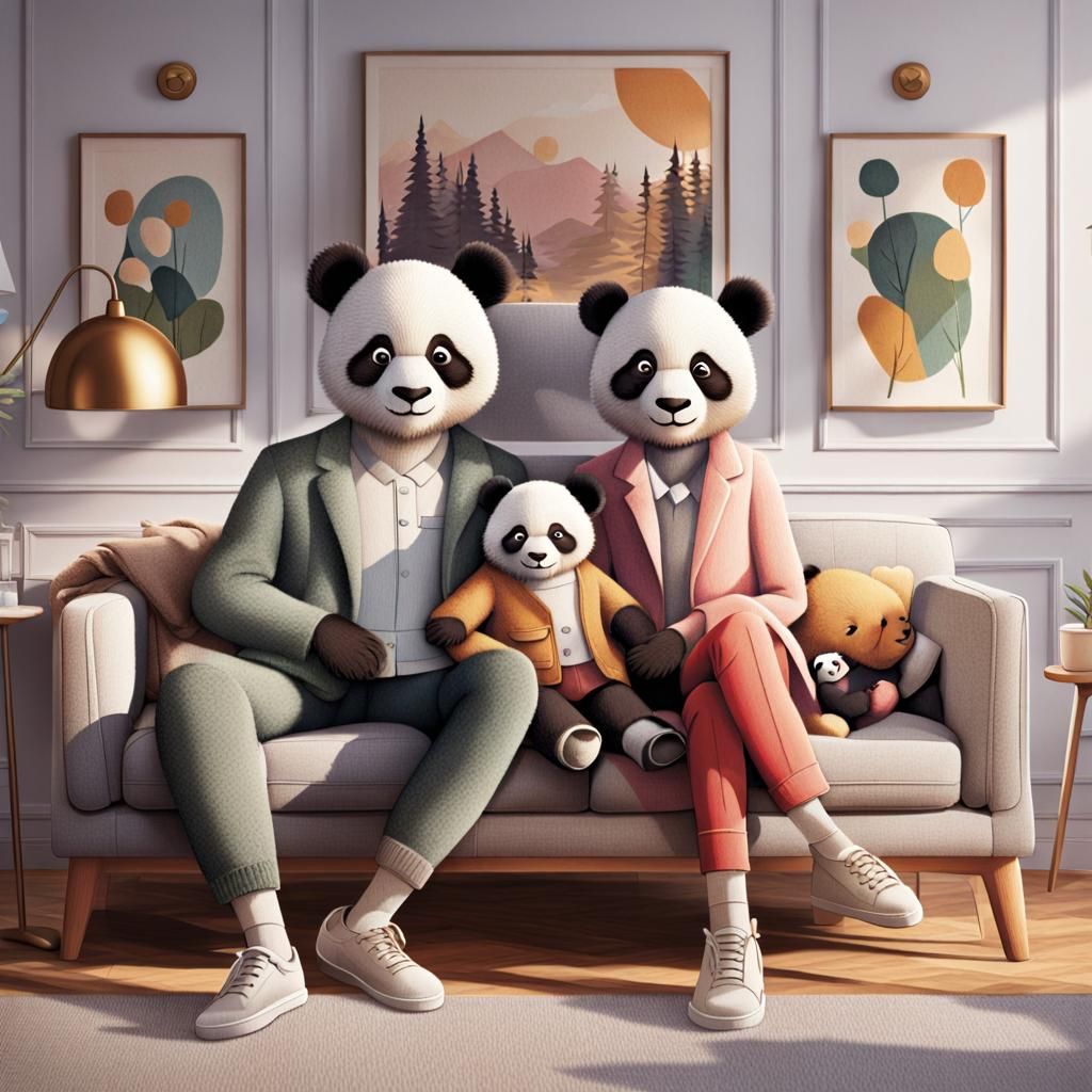 Panda Family Portrait in Children's Book Style