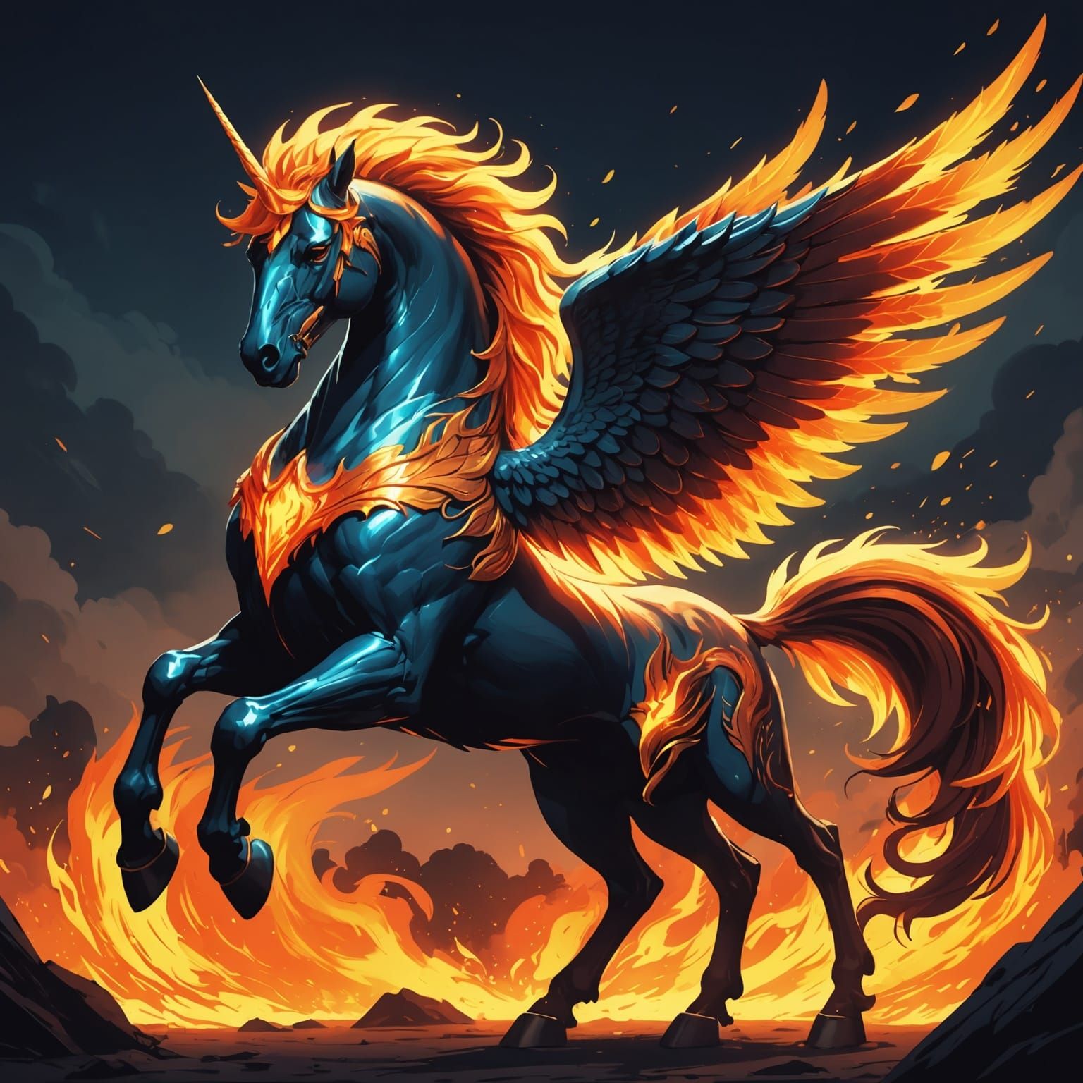 Flaming Pegasus in Anime Cel-Shaded Style