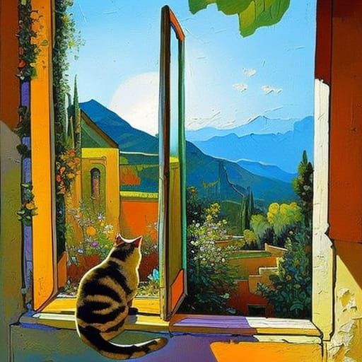 Cat Admiring Mediterranean View as Impasto Painting