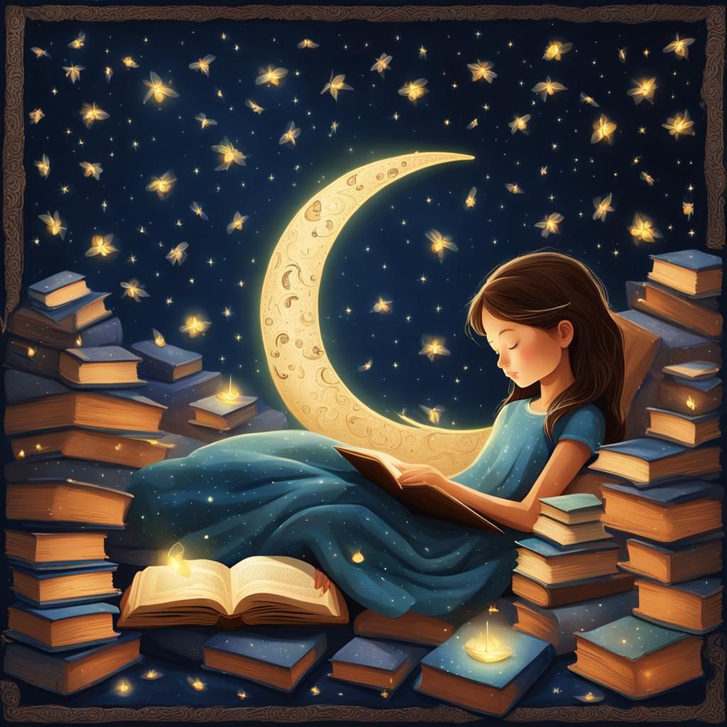 Girl Sleeps on Book Carpet Under Book Moon