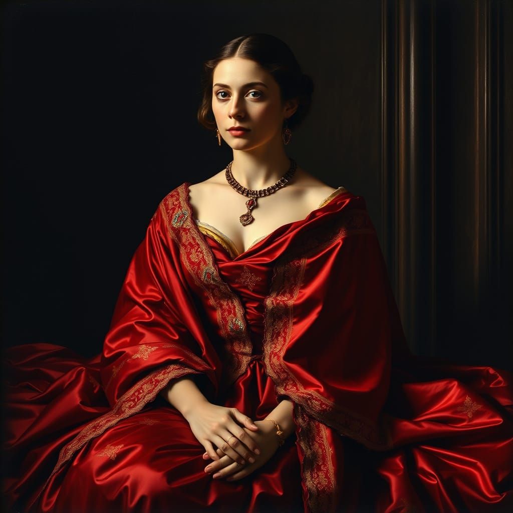 Regal Woman in Crimson Silk, Baroque Style