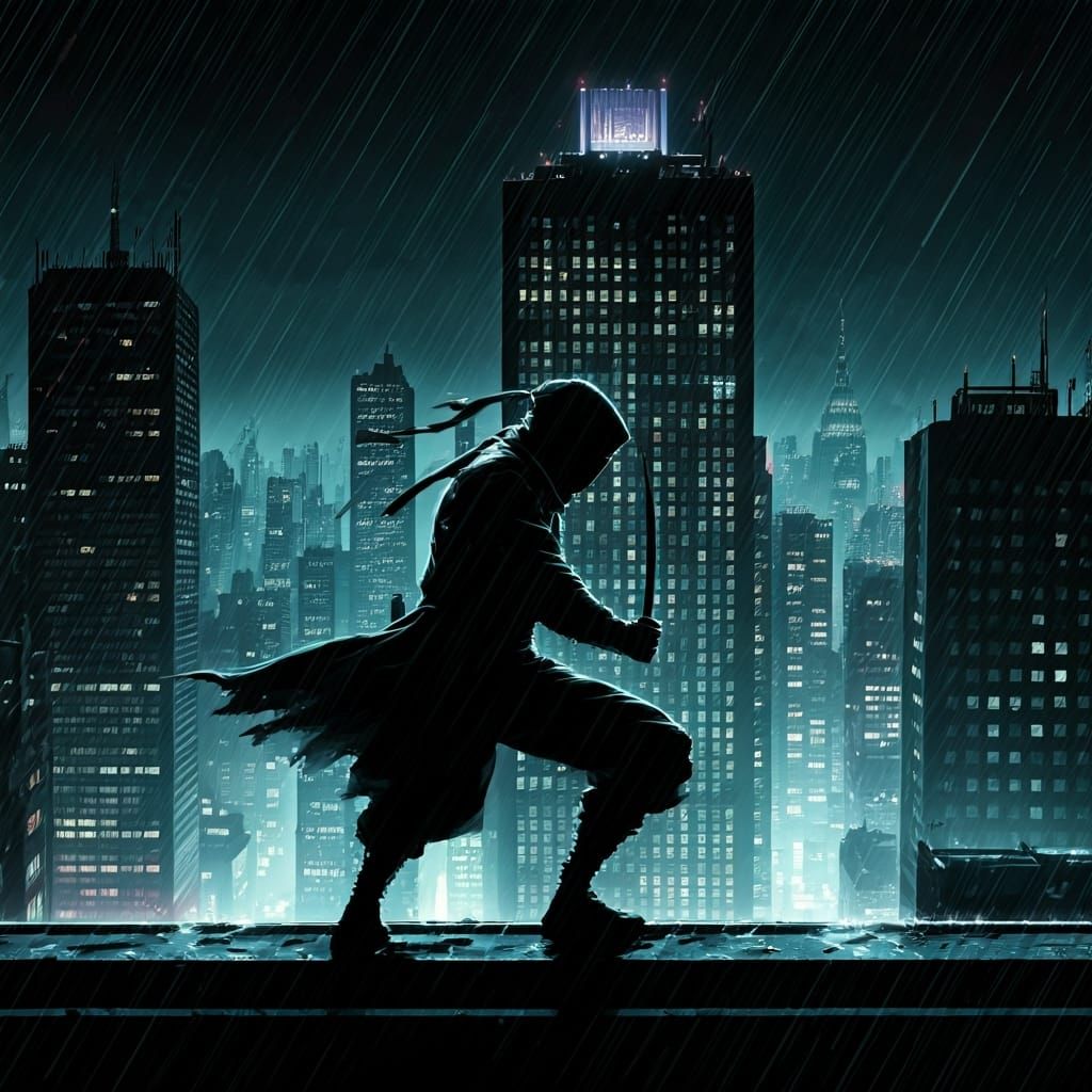Ninja on Rainy Skyscraper in Noir Style