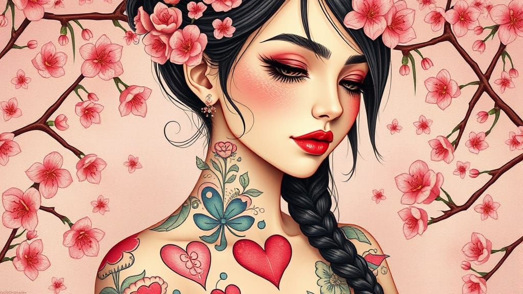 Whimsical Woman with Love Tattoos and Cherry Blossoms