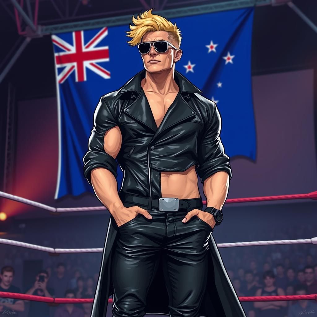 Blonde man .flowing short back and sides hair cut .white buff man . Full length  black leather coat no shirt leather pan...