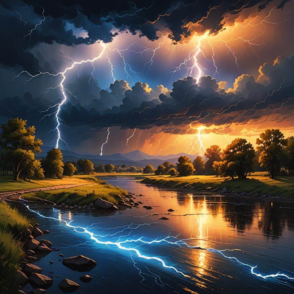 Lightning Strikes River at Sunset: Impressionist Landscape