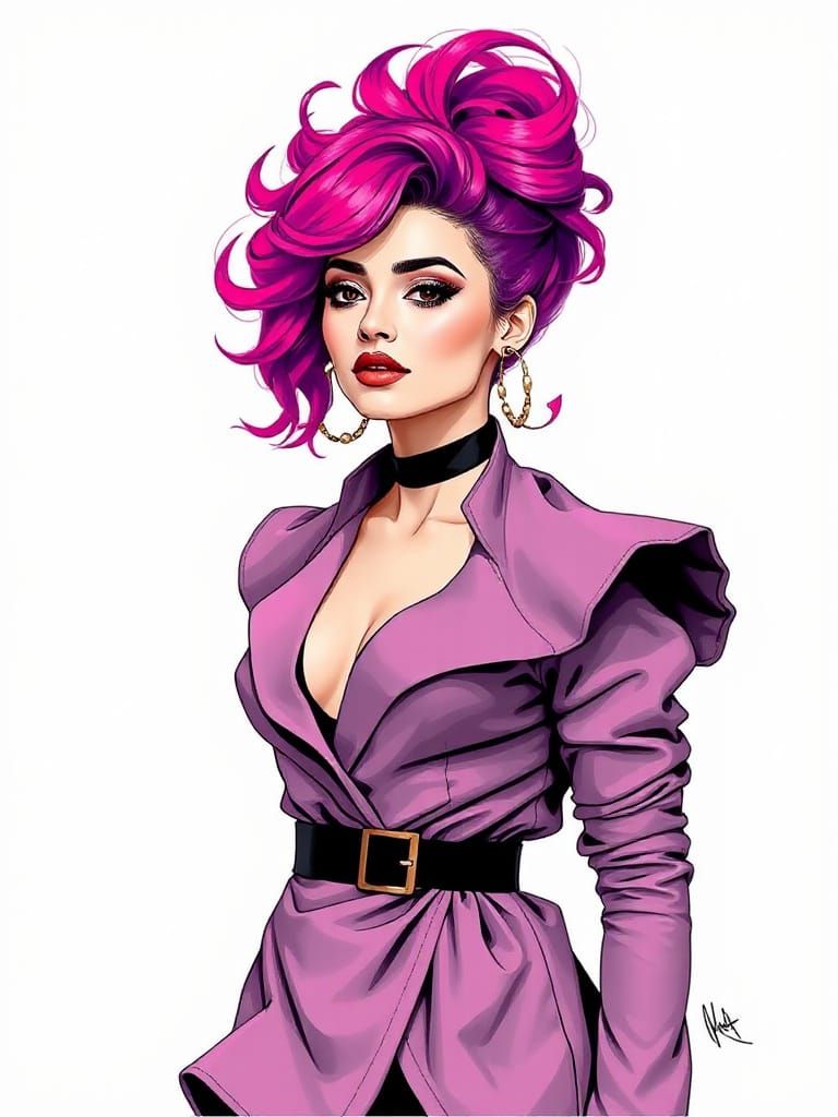 Woman with Pink-Violet Hair in Pop Art Style