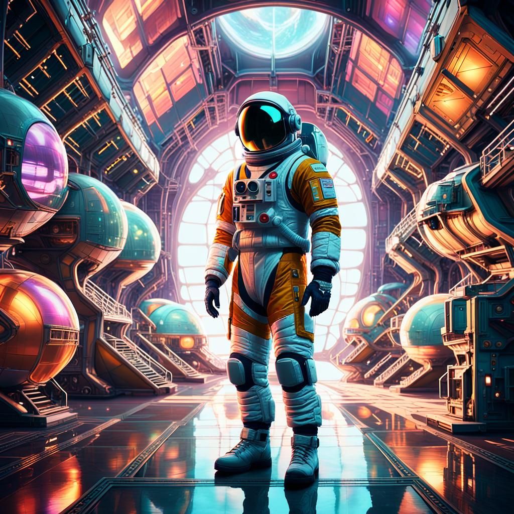 Retro-Futuristic Astronaut in Surreal Hangar Concept Art