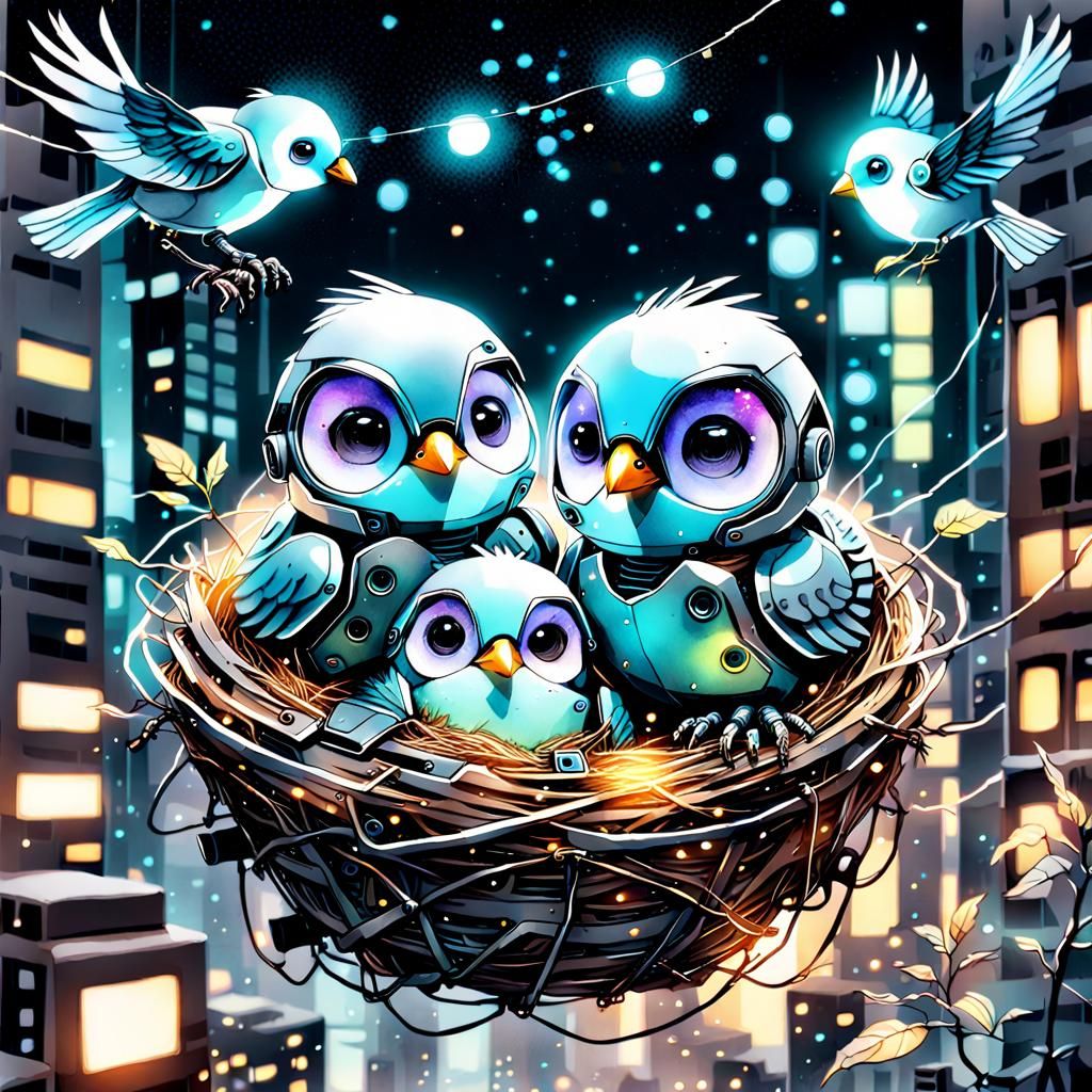 Futuristic Baby Robot Birds in Digital Watercolor
