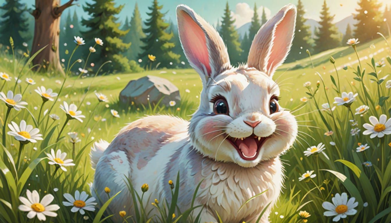 Laughing Bunny in Meadow: Whimsical Digital Art