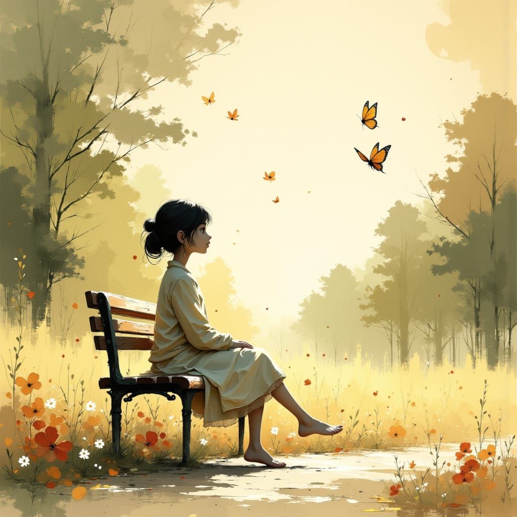 Peaceful Garden Scene: Figure Watches Butterfly in Watercolo...