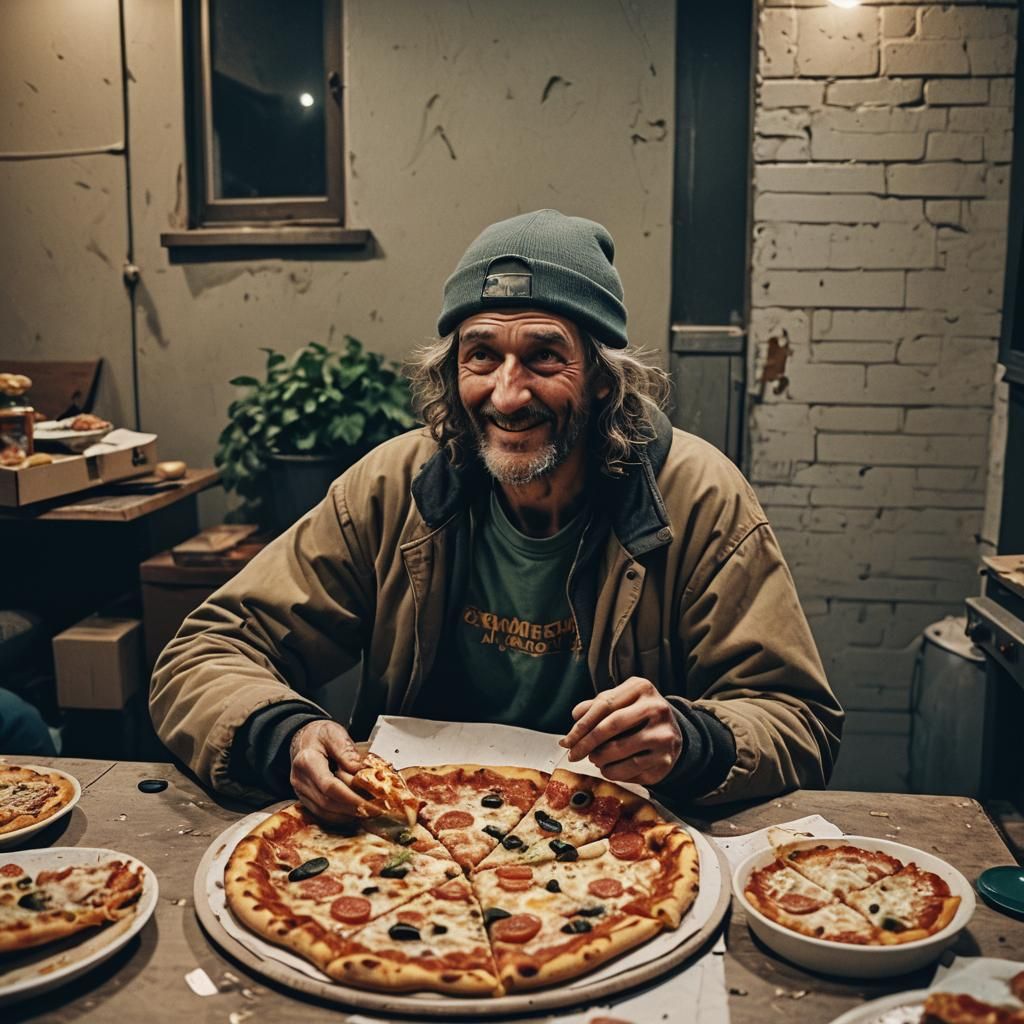 Homeless Person Finds Pizza: Cinematic Film Still