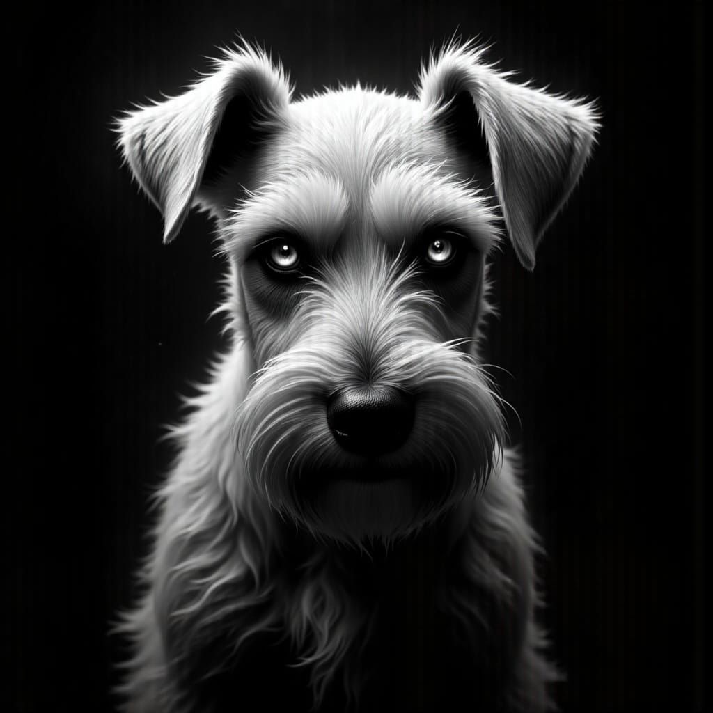 Terrifying White Schnauzer Emerges from Darkness