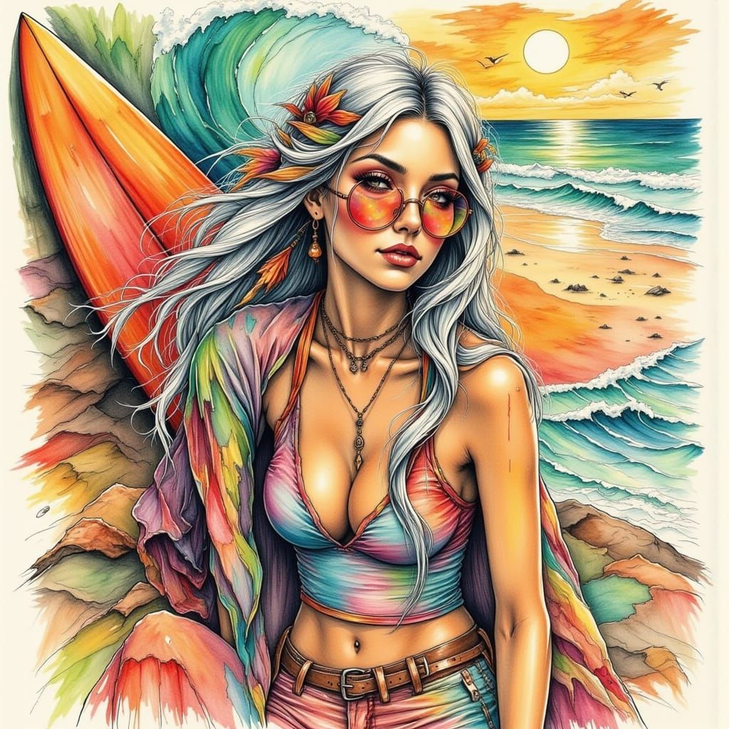Psychedelic Surfer Girl Illustration in 1960s-70s Style