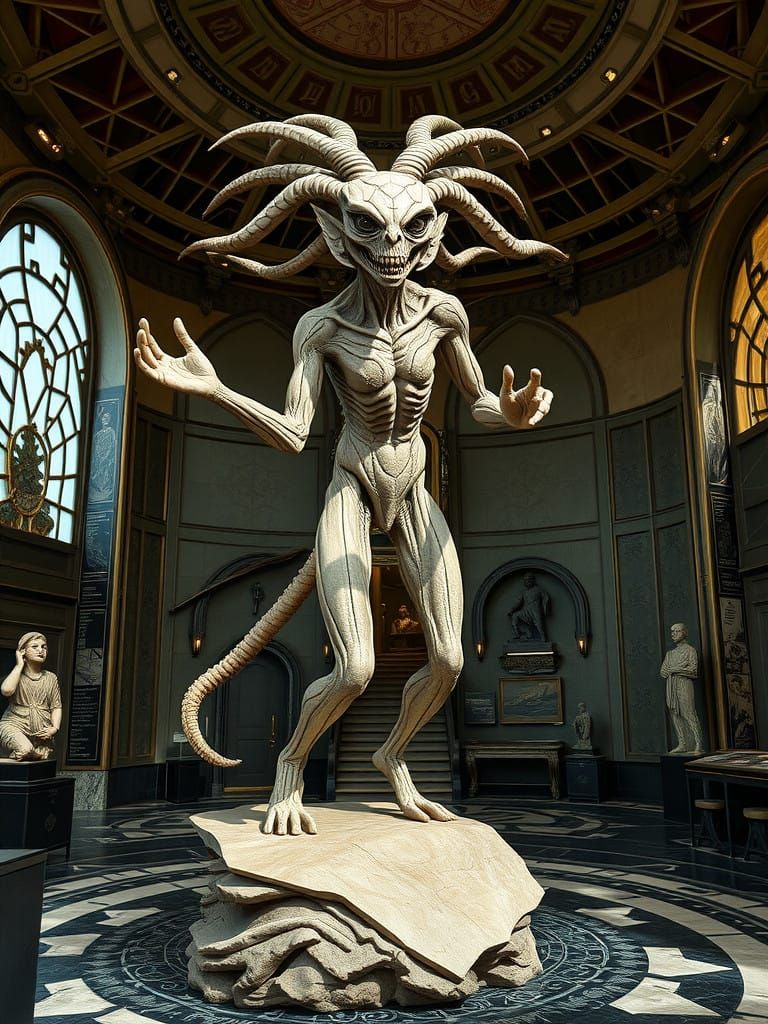 Surreal Art Deco Museum Idol in Alien Setting