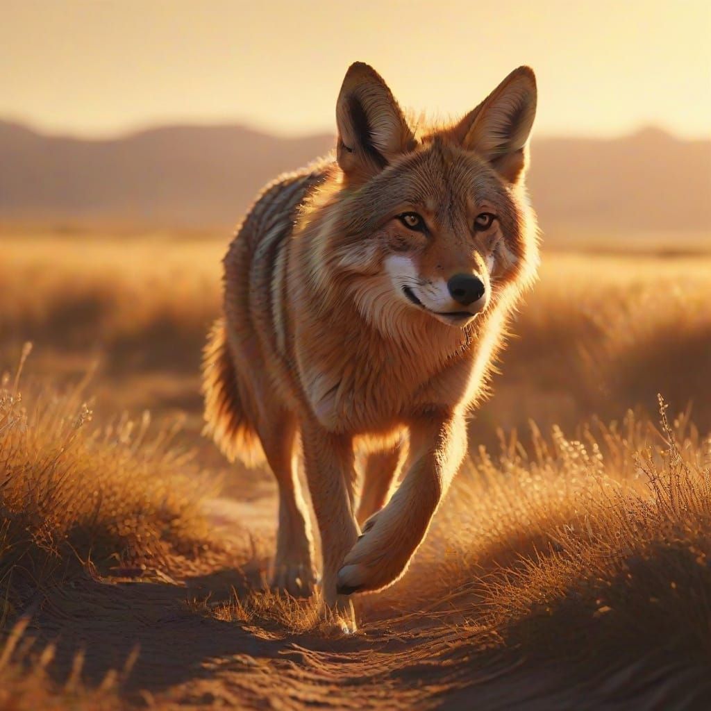 Coyote Runs Across Prairie at Sunset: Digital Art