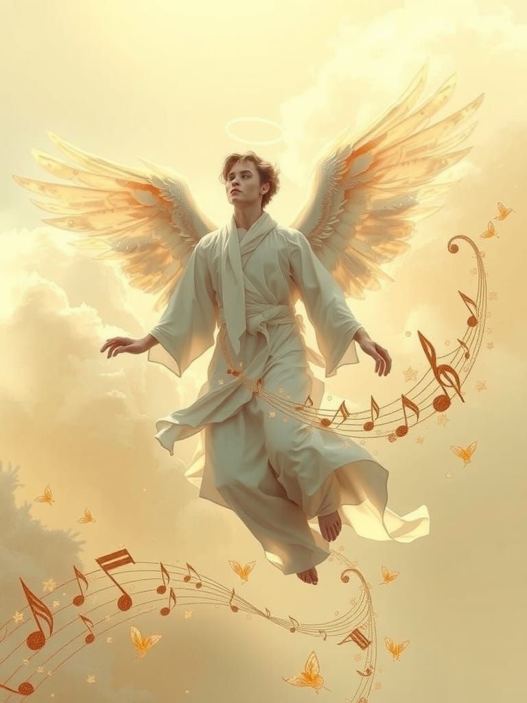 Angel Ascending with Musical Notes in Surrealist Style